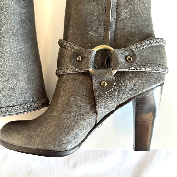 FRYE VICKI TALL GRAY DISTRESSED HARNESS BRAIDED LEATHER HIGH HEEL BOOTS NWT! Sz6 - Picture 9 of 13